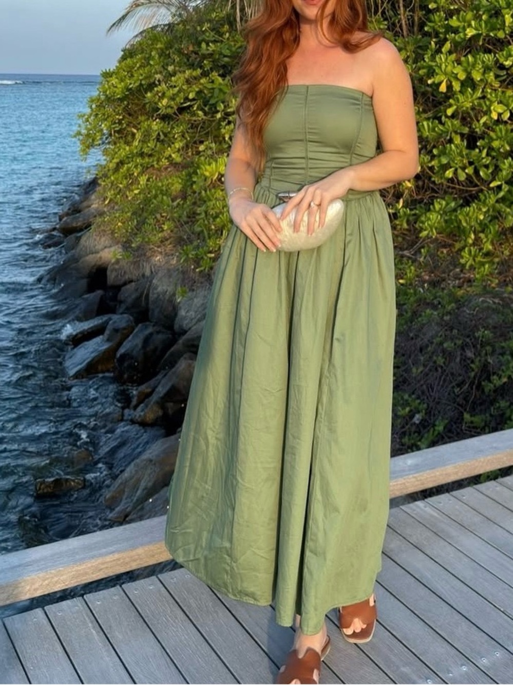 Abercrombie & Fitch Strapless Olive Green Midi Dress